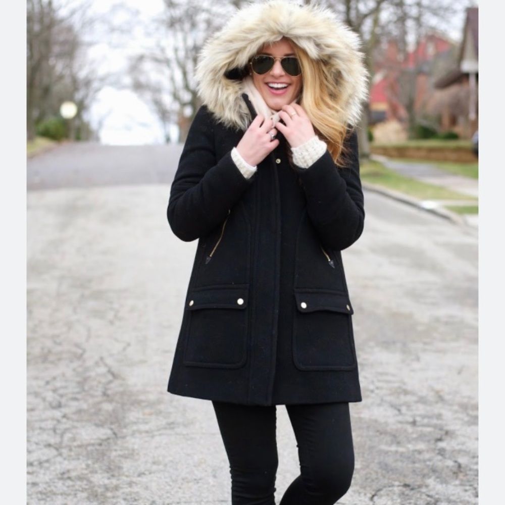 J. Crew Chateau Parka in Italian Stadium Wool Coat, Black, size 00